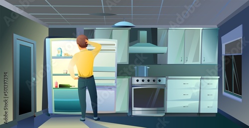 Guy stands in front of empty refrigerator. No food. Kitchen interior. Furniture in room for cooking and eating. Night illustration. Vector