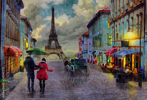 Fototapeta Naklejka Na Ścianę i Meble -  Oil Painting - Rainy Day Paris with Eiffel tower.Collection of designer oil paintings. Decoration for the interior. Modern abstract canvas art. Set of pictures. umbrella. vintage