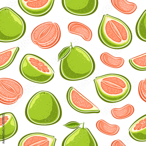 Vector Pomelo seamless pattern, decorative repeating background with set of cut out illustrations ripe exotic pomelo with leaves, group of juicy various pomelo on white background for wrapping paper