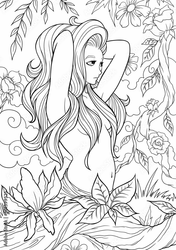 Young beautiful girl with long hair in garden. Flowers. Outline hand drawing coloring page for adult coloring book. Stock line vector illustration. Outline drawing. Young beautiful girl with long hair in garden. Flowers. Outline hand drawing coloring page for adult coloring book. Stock line vector illustration. Outline drawing.