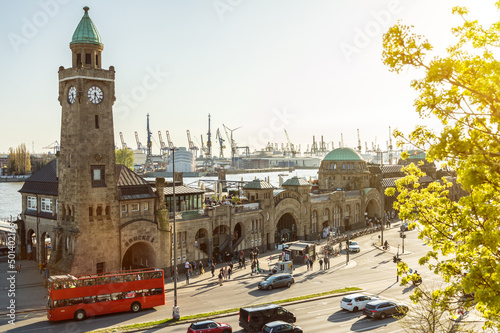 St. Pauli Landungsbrücken and harbor facilities in Hamburg, Germany on a sunny day in spring