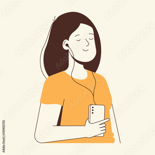 Young woman is listening and enjoying the music. Minimalist flat vector illustration.