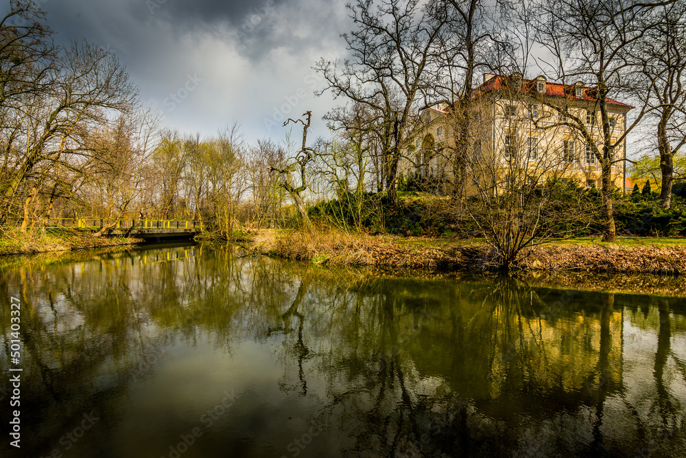 View of a pond in the background of leafless trees and a building reflecting on the water. - obrazy, fototapety, plakaty 