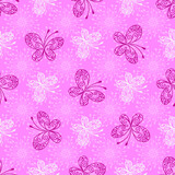 Delicate pink seamless pattern with openwork butterflies and flowers. Vector image.eps 10