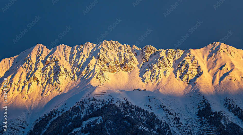 Magnificent view of snowy Nordkette mountain chain, Austria, Tirol, Innsbruck - obrazy, fototapety, plakaty 
