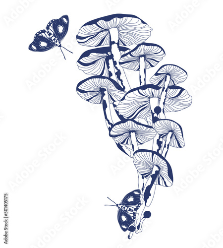 Print mushrooms and butterflies in vintage style, blue on white