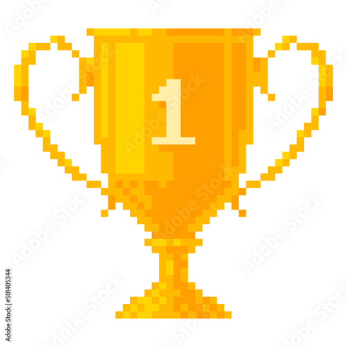 Golden winner cup pixel art style. Goblet with number one on it. Vector illustration.