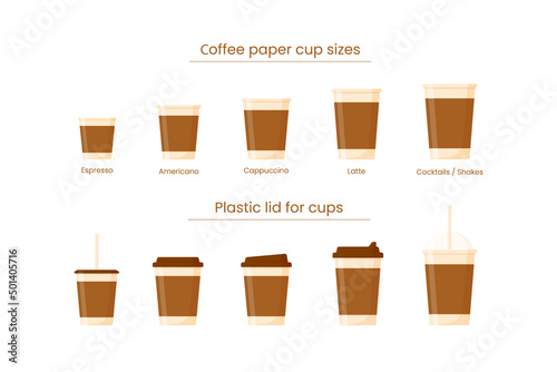 set of icons with paper cups for coffee of different sizes and different lids.