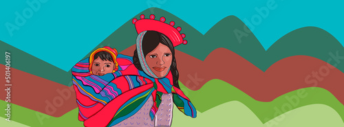 Ilustración del día de la madre de mujer andina peruana cargando a su bebé  photo