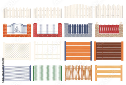 A set of fences for fencing. Wooden and metal fences. Vector illustration on a white background
