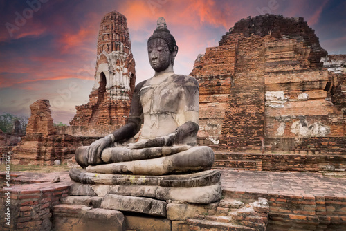 Canvastavla Buddha statue antiquities, Ruined of Buddha image, ayutthaya temple thailand, evening light