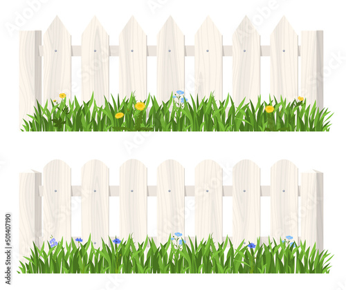 White wooden fences with grass. Beautiful fence. Vector illustration on a white background
