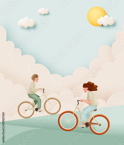 Young couple ride bicycles for world bicycle day and car free day