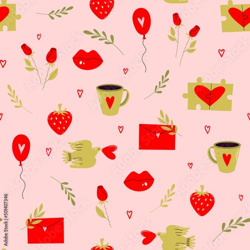 Seamless vector pattern with funny birds and hearts. Romantic love illustration for textile, fabric, backrgound, wrapping. Valentines day