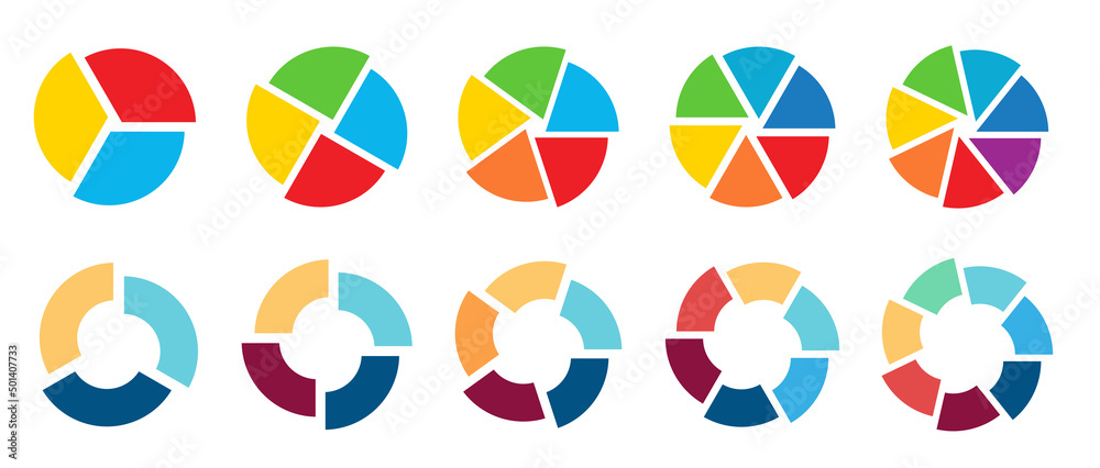 Circle divided into equal segments shifted slightly off centre - version with three to seven pieces, can be used as infographics element Circle divided into equal segments shifted slightly off centre - version with three to seven pieces, can be used as infographics element