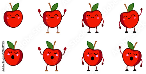 Cute kawaii style red apple fruit icon, eyes closed, smiling. Version with hands raised, down and waving