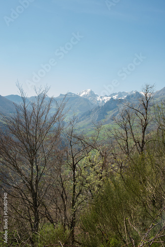 Beautiful view of Natural Park Las Ubiñas and La Mesa, in Asturias. Mountains with snow in the background