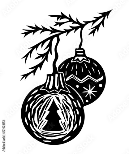Christmas toys on a branch. Merry christmas and a happy new year! Black and white vector illustration in linocut style. Hand printed print for postcards, posters, stickers