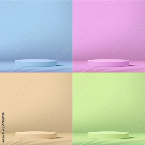 Set of abstract studio rooms with colorful pedestal podiums. Vector