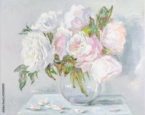 White peonies in a vase on the table, oil painting