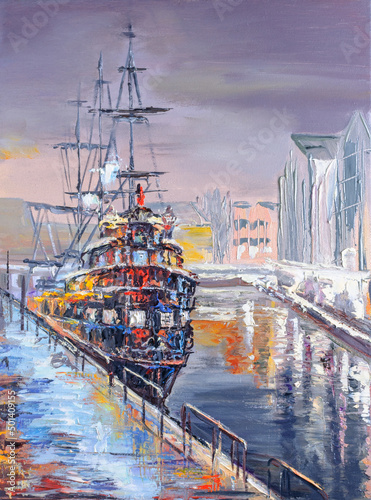 An old pirate ship on a wharf at night. oil painting