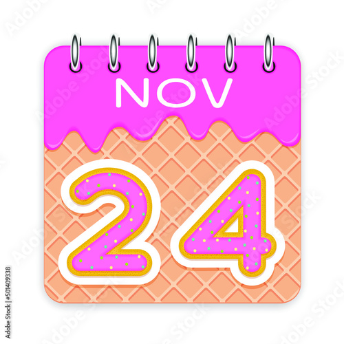 24 day of a month. November. Waffle cone calendar with melted ice cream. 3d daily icon. Date. Week Sunday, Monday, Tuesday, Wednesday, Thursday, Friday, Saturday. White background Vector illustration