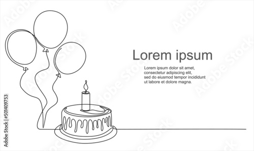 Continuous line drawing of birthday cake and balloons. Cake with sweet cream and a candle. Birthday celebration concept isolated on white background. Hand drawn design vector illustration