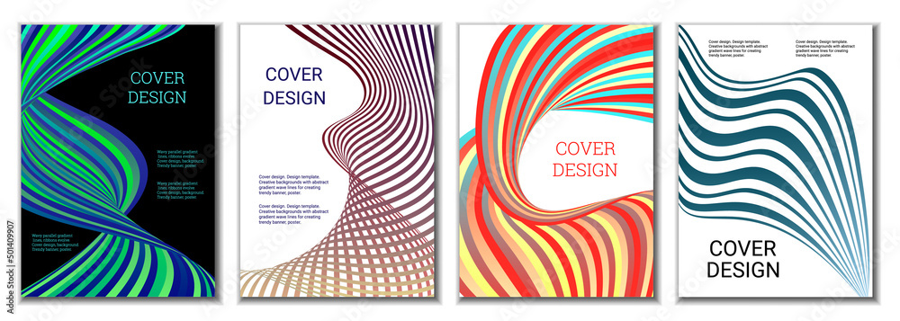 A set of 4 abstract covers. Wavy parallel gradient lines, ribbons evolve. Cover design, background. Trendy banner, poster. A set of 4 abstract covers. Wavy parallel gradient lines, ribbons evolve. Cover design, background. Trendy banner, poster.