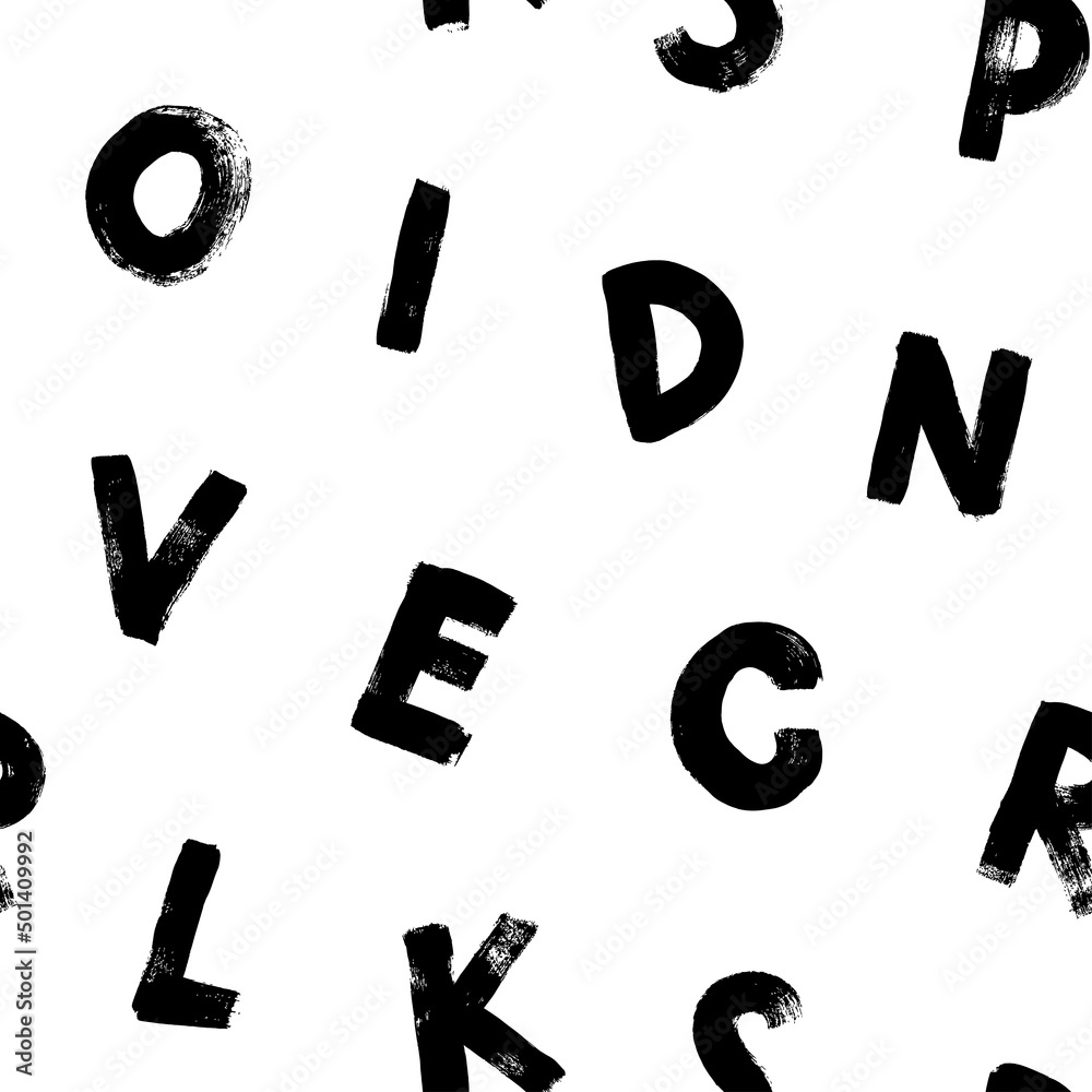 Alphabet grunge letters style seamless pattern. Vector hand drawn background with letters stamps. Typography ink elements. Black and white brush strokes, paint smears alphabet ornament. Alphabet grunge letters style seamless pattern. Vector hand drawn background with letters stamps. Typography ink elements. Black and white brush strokes, paint smears alphabet ornament.