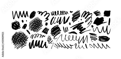 Black paint scribble line vector set. Wavy and curly lines, dry brush stroke textured shapes. Zig zag, swirls and dots. Expressive abstract vector shapes in black and white. Hand drawn pen scribbles