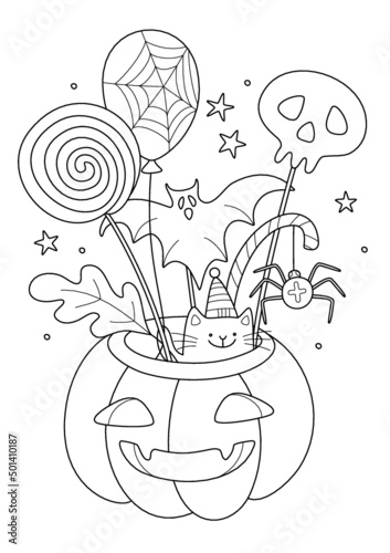  Cartoon cute wizard cat, coloring book, funny drawing. Halloween coloring pages for kids. Vector illustration.
