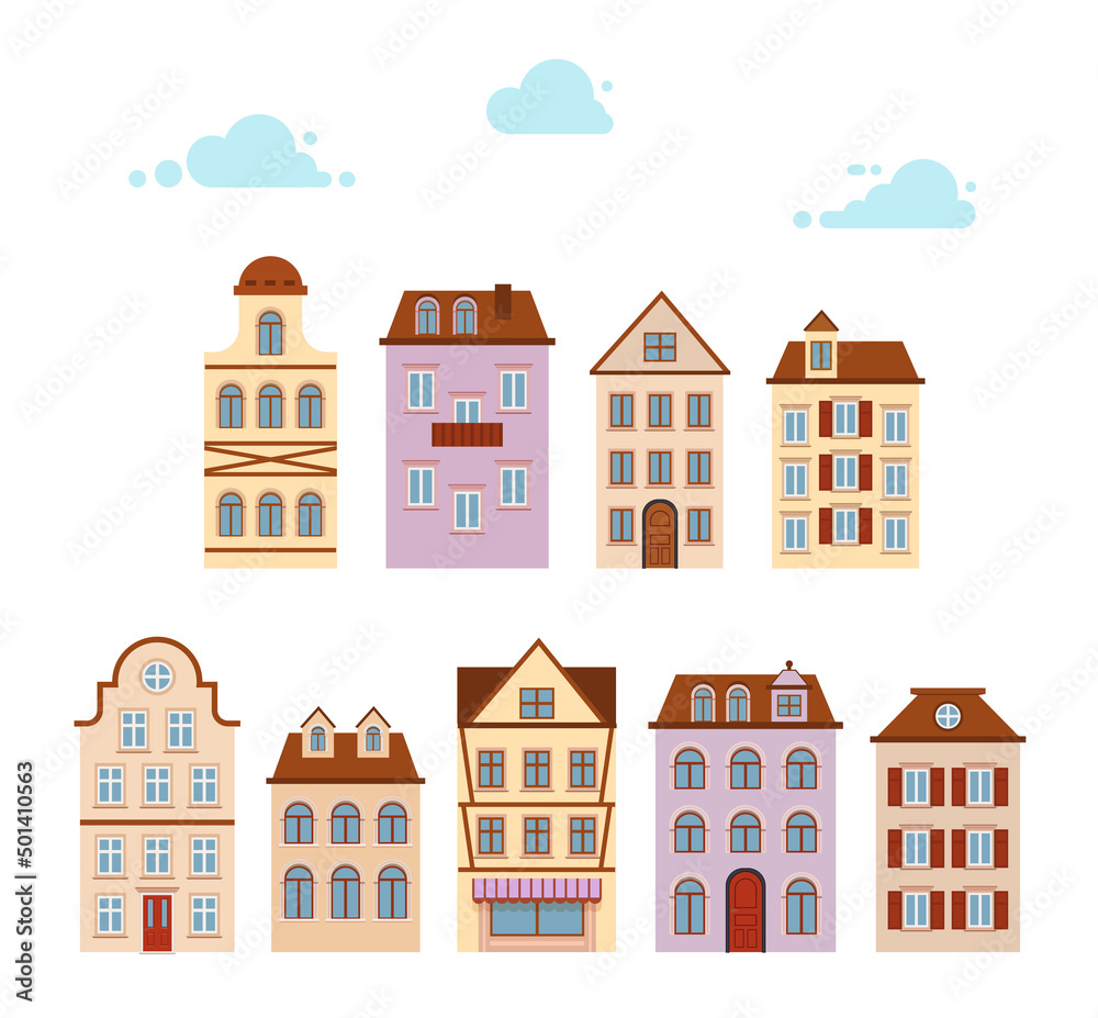 Set Houses icon. Old street european town. Urban landscape. retro home cartoon.
