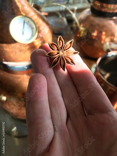 Foto Distilling Star Anise in a Copper Alembic Still