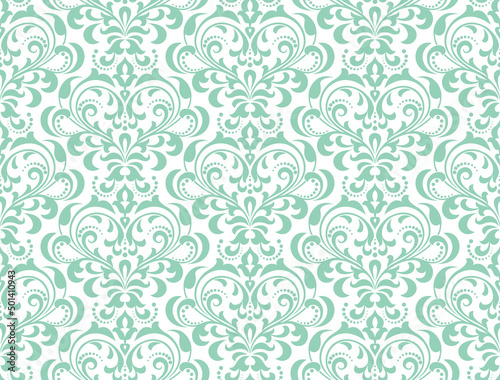 Wallpaper in the style of Baroque. Seamless vector background. White and green floral ornament. Graphic pattern for fabric, wallpaper, packaging. Ornate Damask flower ornament