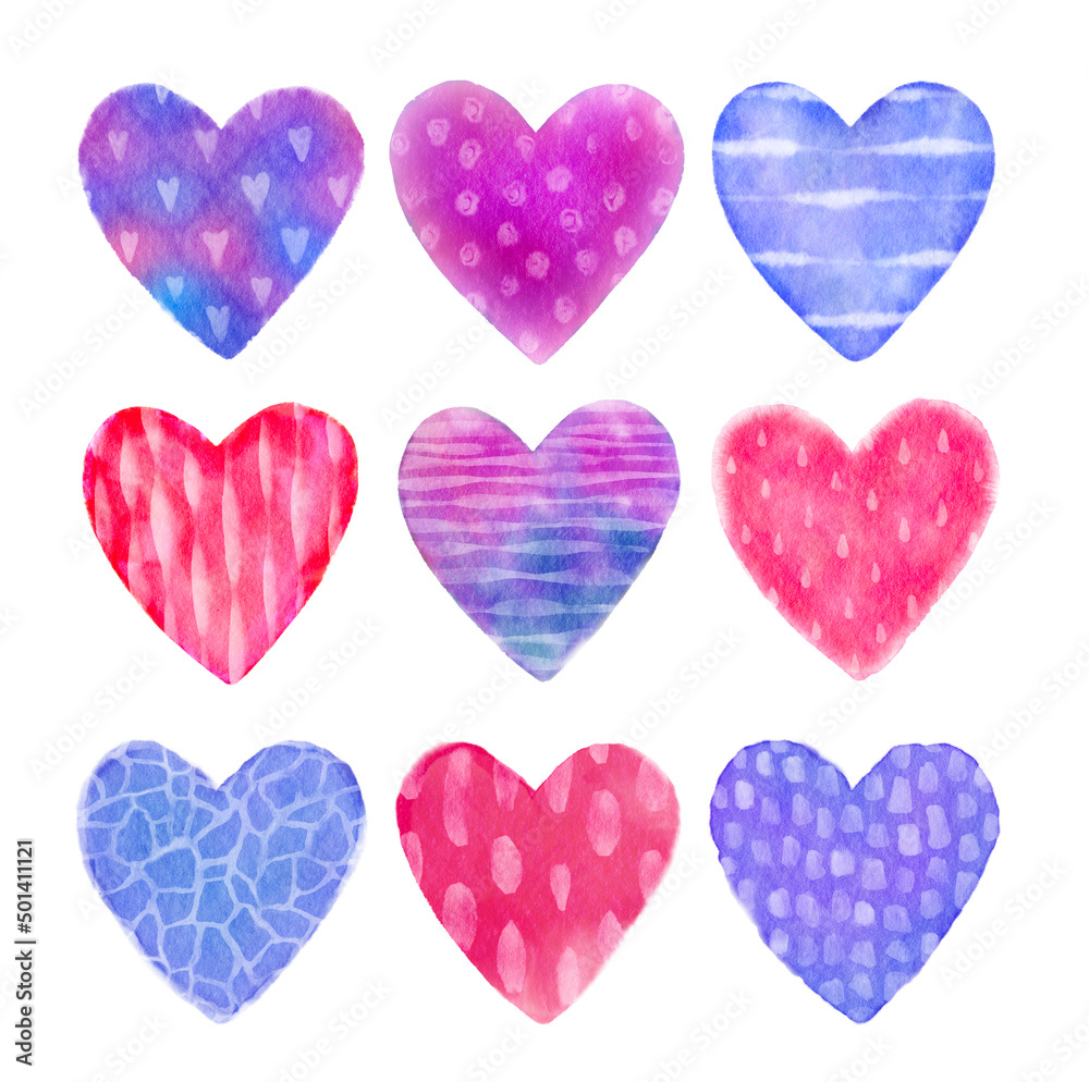 Set of cute watercolor hearts. Textured and bright hearts isolated on white. Valentine's Day collection of design elements for greeting cards, invitations, decor, stickers, etc
