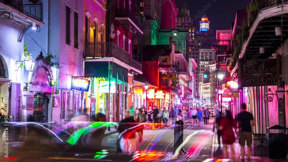A Timelapse of people enjoying the nightlife and walking up and down the historic Bourbon Street in the French Quarter of New Orleans, Louisiana.