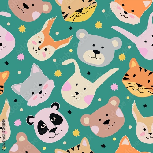 Seamless childish pattern with funny animals faces. Cute bear  tiger  panda  squirrel  bunny  wolf heads. Kids texture for fabric  wrapping  textile  wallpaper. Vector hand drawn illustration.