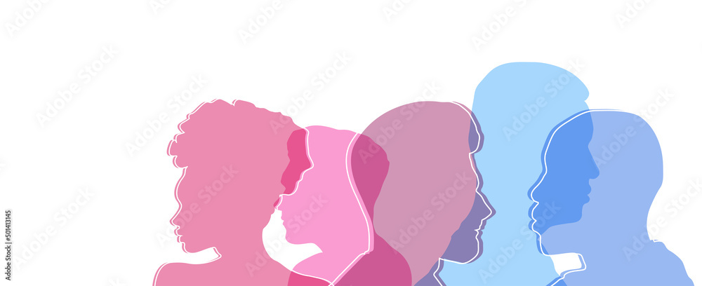 Group side silhouette men and women of different culture