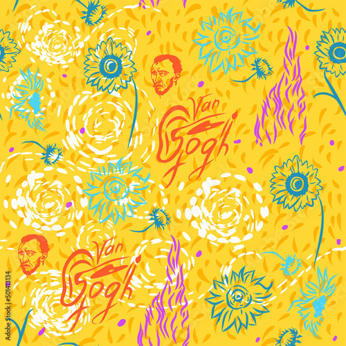 Seamless vector blue pattern. Sunflowers, cypresses, clouds, and letters. Van Gogh style