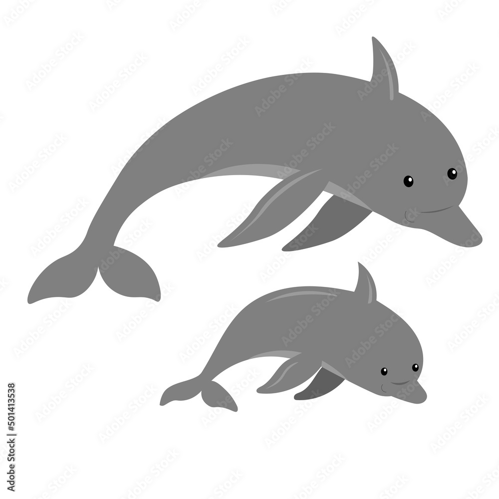 cute cartoon flat dolphin from side, mother and baby, vector isolated on white, illustration for children, for posters and kids games cute cartoon flat dolphin from side, mother and baby, vector isolated on white, illustration for children, for posters and kids games