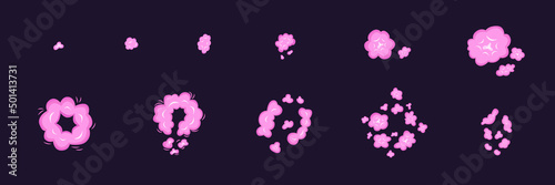 Top view pink sprite explosion set. Vector stock illustration isolated on black chalkboard background for animation comic move graphic design. 