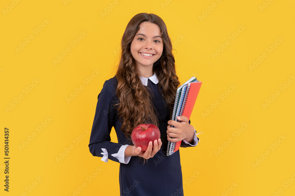education in high school. schoolgirl with apple lunch. back to school. teen girl eat apple education in high school. schoolgirl with apple lunch. back to school. teen girl eat apple