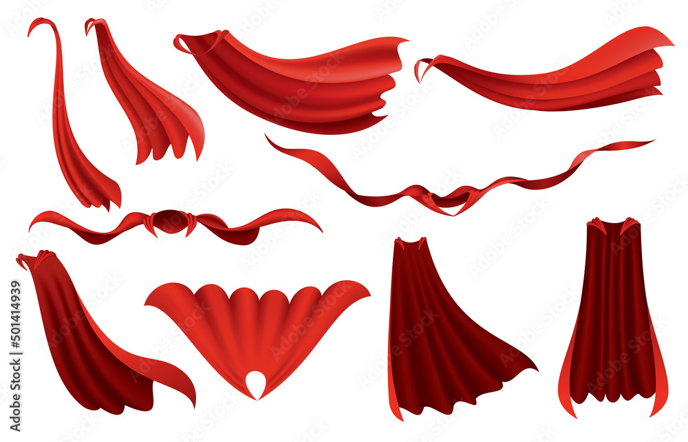 Superhero red capes. Scarlet fabric silk cloak in different position, front, side and top view. Carnival masquerade dress, 3d realistic costume design. Flying Mantle costume Superhero red capes. Scarlet fabric silk cloak in different position, front, side and top view. Carnival masquerade dress, 3d realistic costume design. Flying Mantle costume