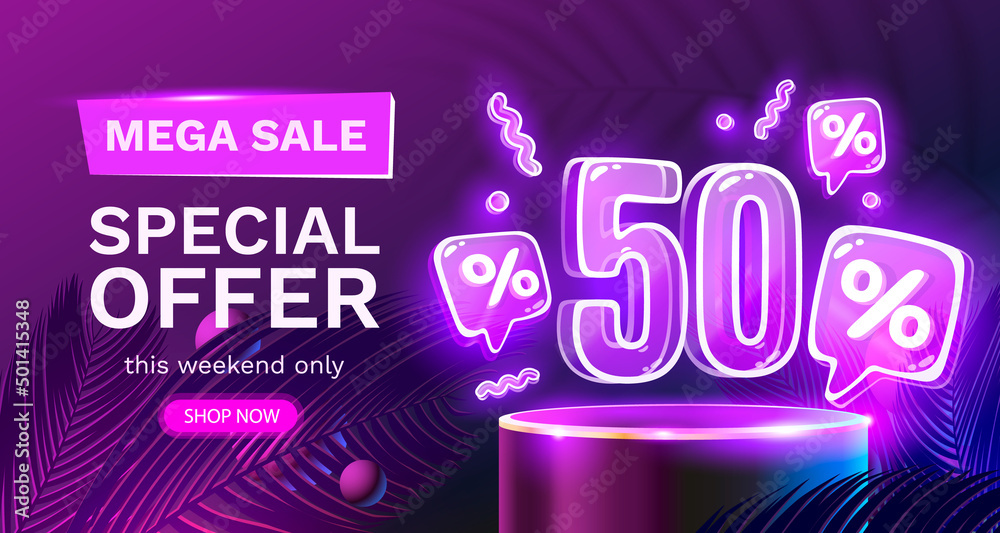 Mega sale special offer, Neon 50 off sale banner. Sign board promotion. Vector - obrazy, fototapety, plakaty 