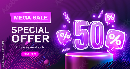 Mega sale special offer, Neon 50 off sale banner. Sign board promotion. Vector photo
