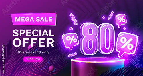 Mega sale special offer, Neon 80 off sale banner. Sign board promotion. Vector