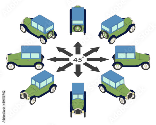 Rotation of retro cars by 45 degrees. The vintage cars in different angles in isometric view.