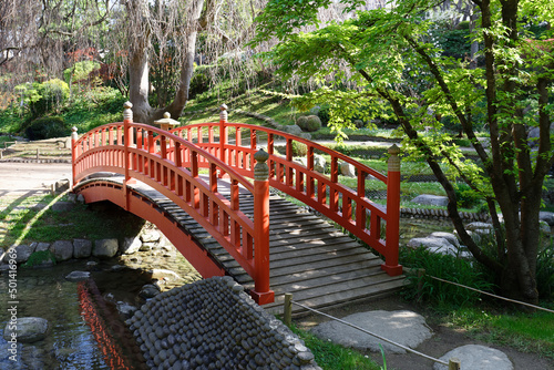 Red bridge in a japanese garden in summer , Paris.