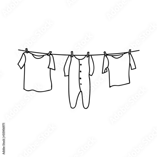 Laundry line doodle illustration in vector. Laundry line hand drawn illustration. Drying clothes on laundry line doodle illustration.