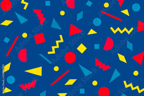 Creative geometric shapes made of vibrant colorful  paper on blue background. Abstract seamless design. Retrowave concept.  Pop art.